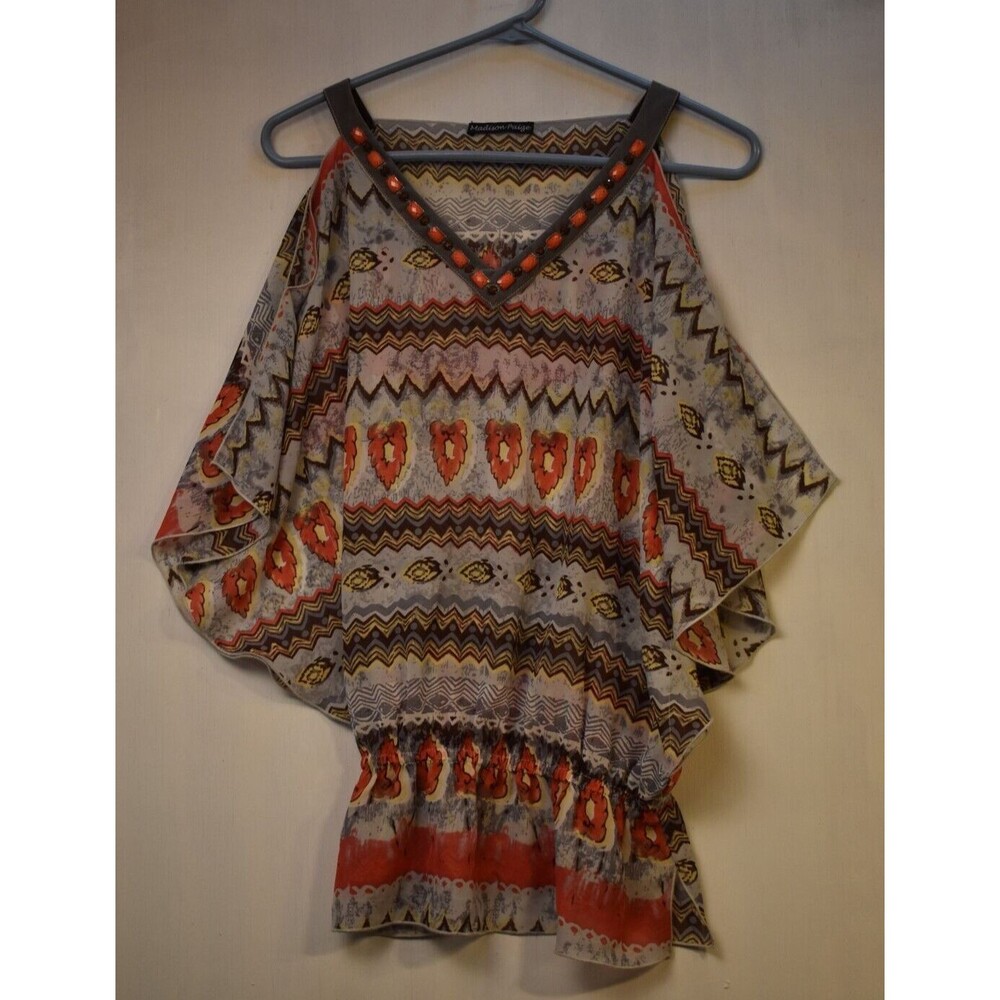 Madison Paige Small Women’s Shirt Cold Shoulder multicolored bead Gathered Waist